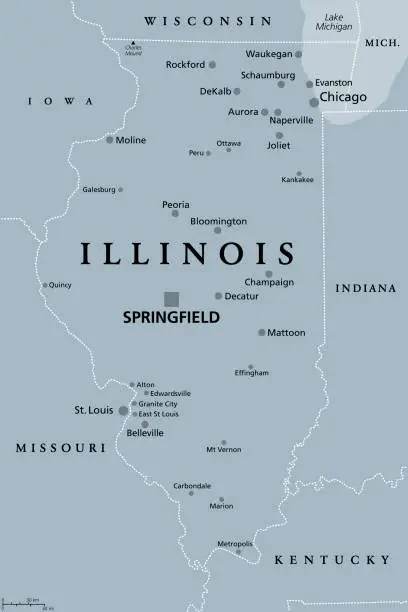 Vector illustration of Illinois, IL, gray political map, US state, Land of Lincoln