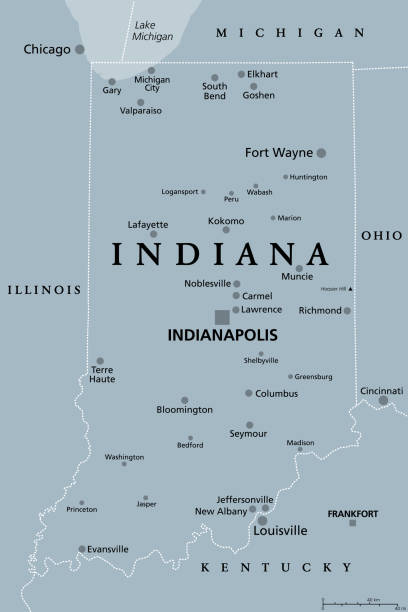 Indiana, IN, gray political map, US state, The Hoosier State Indiana, IN, gray political map with the capital Indianapolis, and most important cities, rivers and lakes. State in the Midwestern region of the United States of America, nicknamed The Hoosier State. evansville indiana stock illustrations