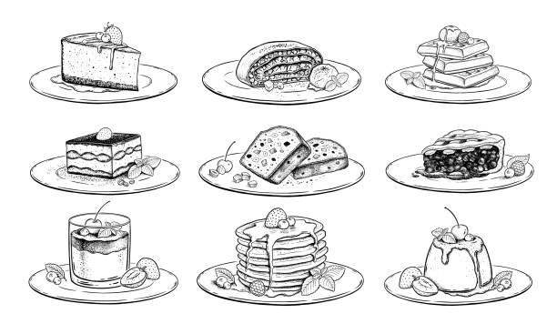 ilustrações de stock, clip art, desenhos animados e ícones de vector sketch set of desserts and cakes - creme cozinhado