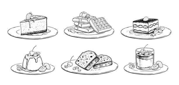 ilustrações de stock, clip art, desenhos animados e ícones de sketch illustrations set of desserts and cakes - creme cozinhado