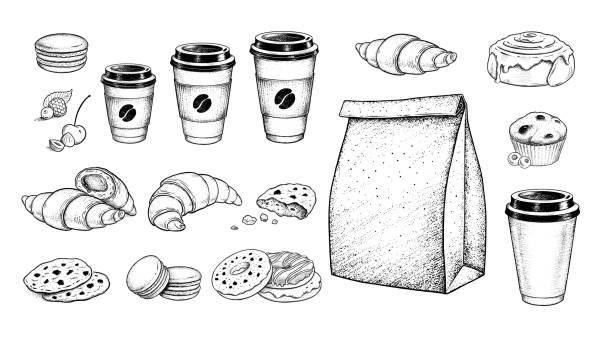 illustrazioni stock, clip art, cartoni animati e icone di tendenza di schizzo illustrazioni set di per andare caffè e cibo - coffee muffin take out food disposable cup