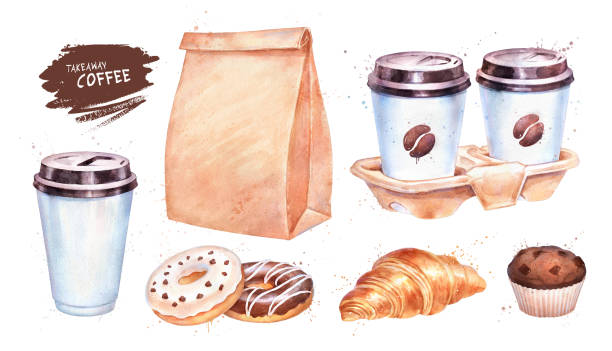 illustrazioni stock, clip art, cartoni animati e icone di tendenza di set di acquerelli da asporto caffè e cibo - coffee muffin take out food disposable cup