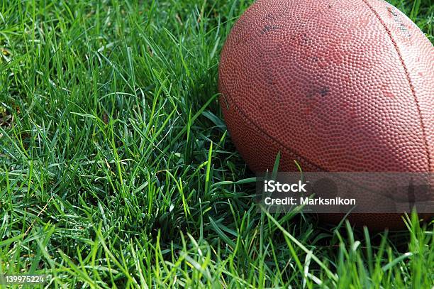 Photo libre de droit de Lone Football Pose En Herbe banque d'images et plus d'images libres de droit de Ballon de football américain - Ballon de football américain, Vieux, Brin d'herbe