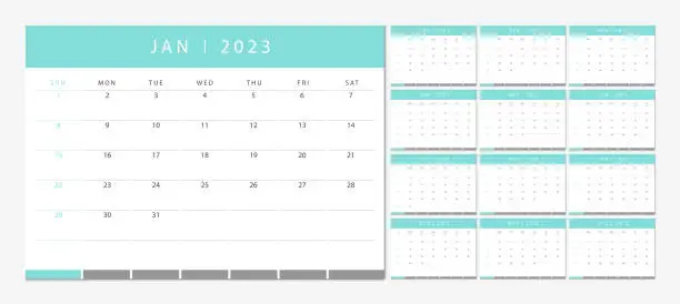 Vector illustration of Calendar 2023 week start Sunday corporate design planner template.