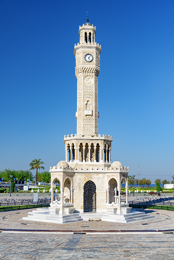 Scenic view of Izmir Clock Tower in the middle of Konak Square. The tower is the landmark of the port city.