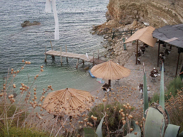 Hotel beach bar with huts in Zante-Greece stock photo