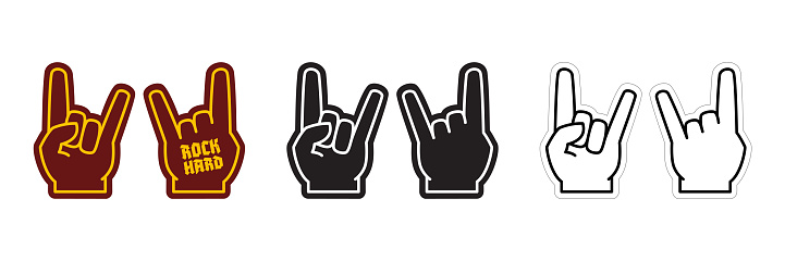 Rock fan vector gestures in both sides, horns fingers, vector eps with editable stroke. Hard rock concert fan finger template.