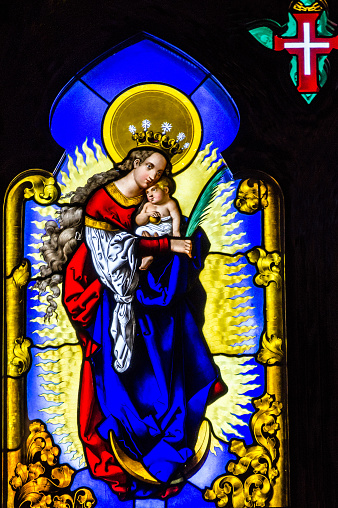 Sintra, Madeira - May 28, 2022: Virgin Mary - vitrage window icon in Pena Palace