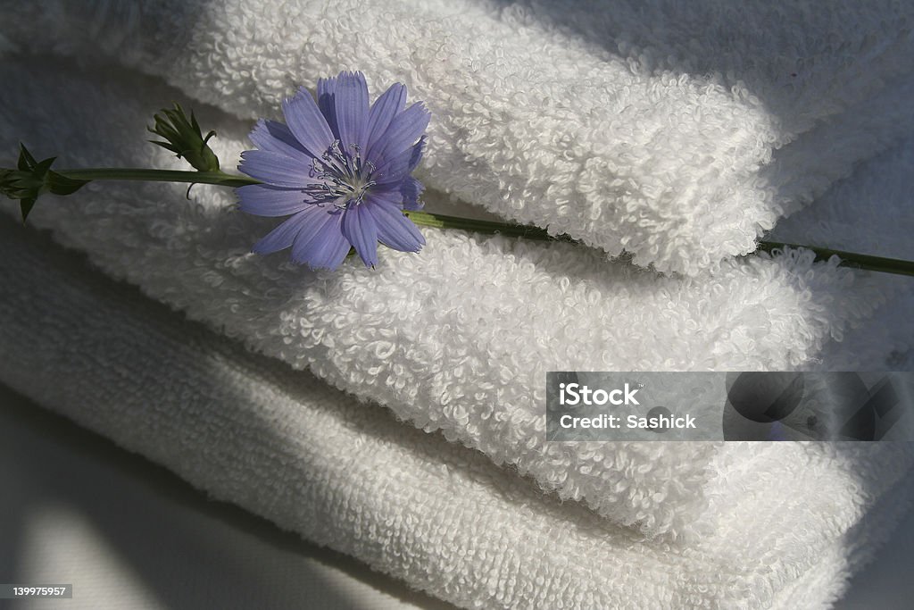 Полотенца для ванной и голубой цветок - Стоковые фото Ароматический роялти-фри