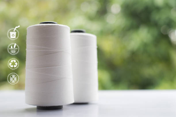 Hand holding Raw White Polyester FDY Yarn spool, Polyester Filament Yarn spool.PET fiber Yarn,spun polyester sewing thread with blurred green background. Recycle icon, sustainable icon and Bottle icon