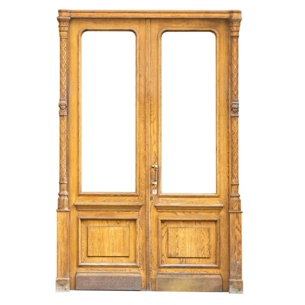 istock Entrance double wooden doors in vintage style with patterns. isolated. 1399764654