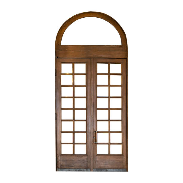 entrance high double wooden doors in the old style. isolated. - door symmetry wood closed imagens e fotografias de stock