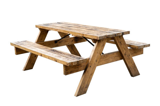 istock Modern outdoor wooden large bench with a table. isolated. 1399764705