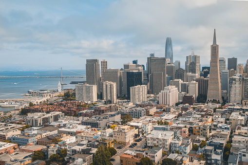 San Francisco, CA, USA - 05/2022 :  San Francisco Skyline view from Coit Tower.