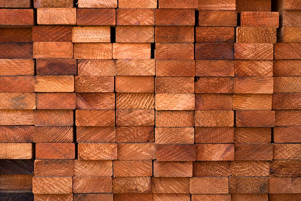 Stacked redwood lumber.