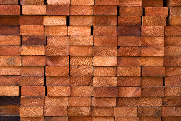 Stacked redwood lumber. stock photo