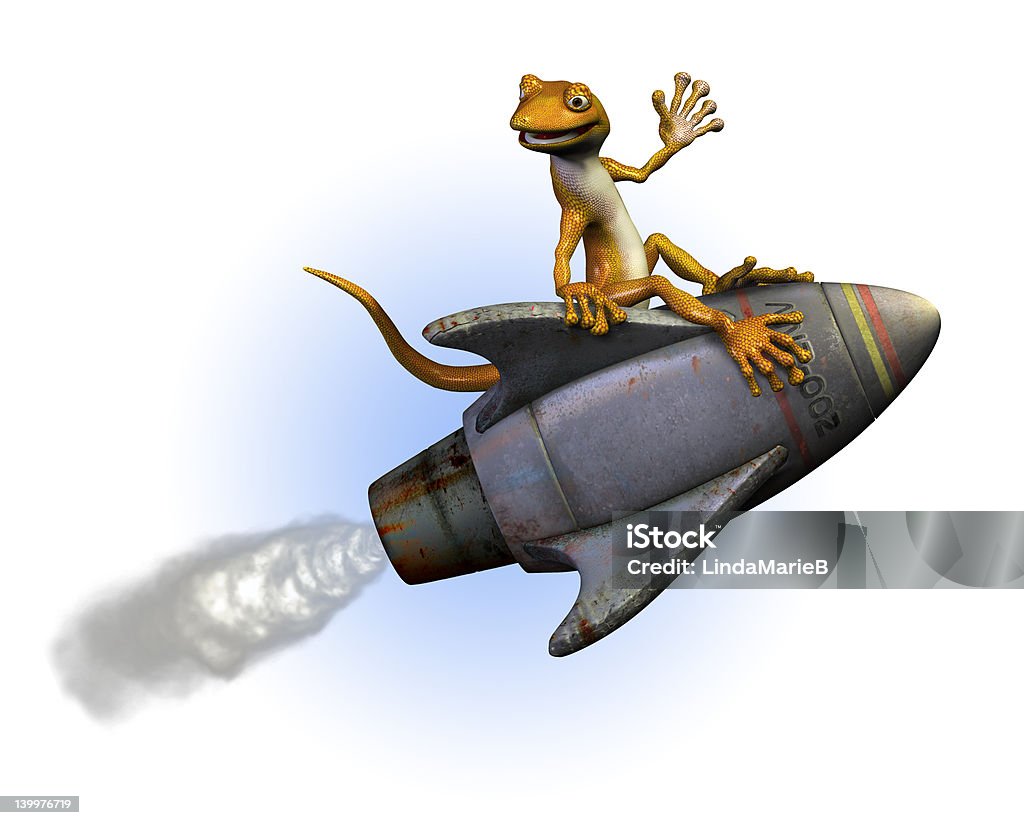 Rocket Riding Gecko Gecko riding a rocket -3D render. Cartoon Stock Photo