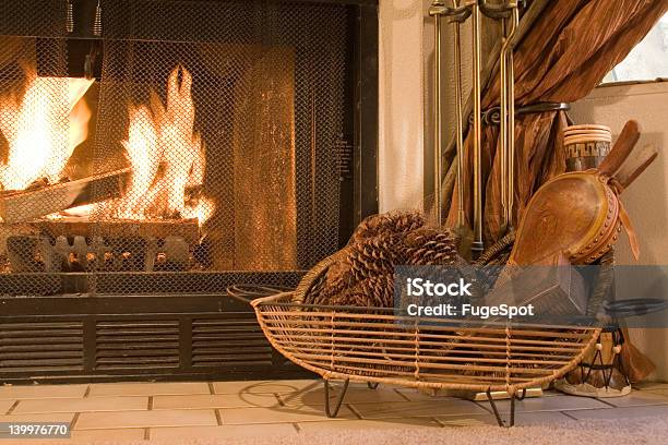 Fall Fireplace Setting With Fire Stock Photo - Download Image Now - Autumn, Basket, Bellows