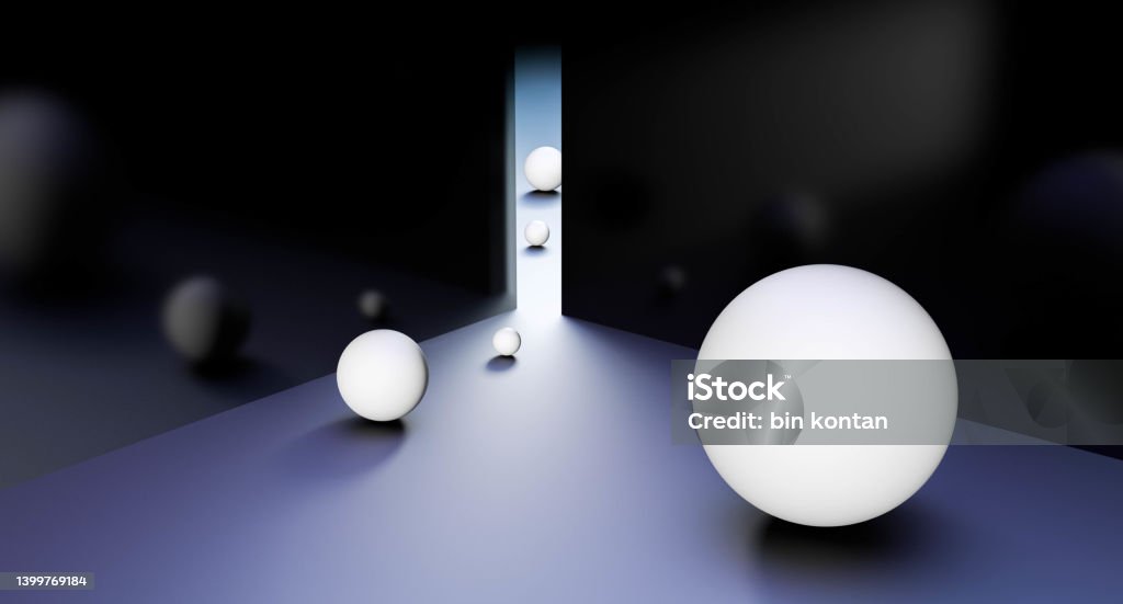 Abstract white balls of different sizes are rolled through a small hole in the wall. Narrow passage for balls. Size concept. 3D render illustration. The Abstract white balls of different sizes are rolled through a small hole in the wall. Narrow passage for balls. Size concept. 3D render illustration. Abstract Stock Photo