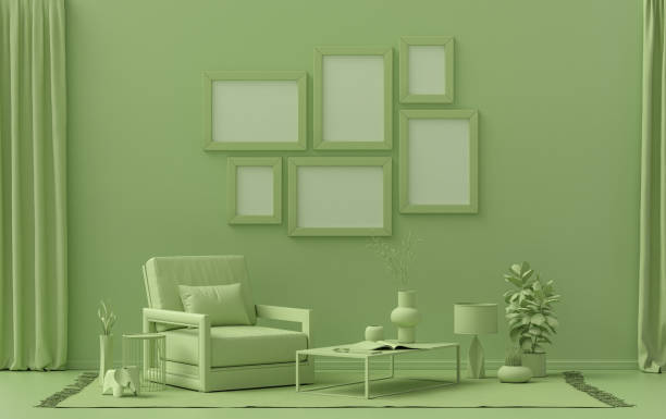 istock Wall mockup with six frames in solid flat pastel light green color, monochrome interior 1399769817