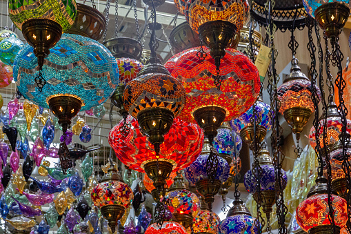 Arabian style decorative glass lamps in souvenir shop