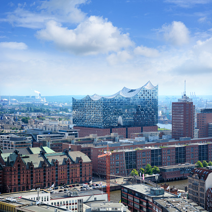 Aerial view of the Elbphilharmonie concert hall (Elphi) in the HafenCity quarter of Hamburg, Germany