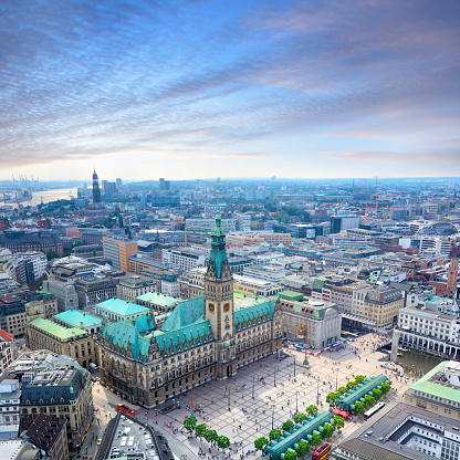 Aerial view of the Hamburg City Hall from St. Petri church tower, Germany. Composite photo