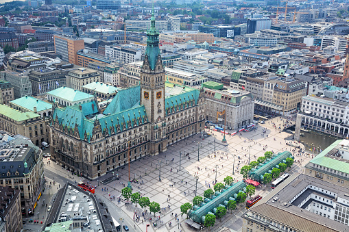 Aerial view of the Hamburg City Hall from St. Petri church tower, Germany