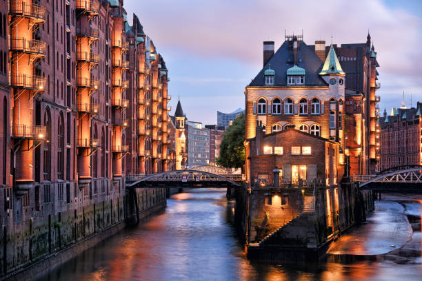 The Speicherstadt warehouse district at night in Hamburg, Germany