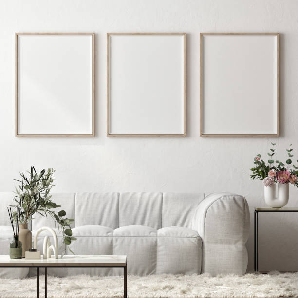 istock Three mock up posters in living room, Interior mock up design for presentation. 1399772496