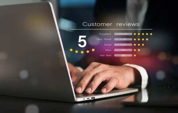 Photo of A survey of customer satisfaction is a good idea. Businesspeople or customers display their excitement on the visual screen. By awarding five stars and the highest level of enjoyment.