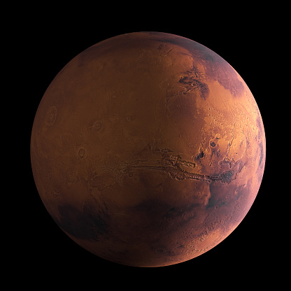 Very detailed 3D mars, isolated on black.