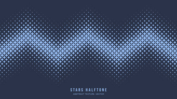 스타 하프톤 지오메트리 무한 패턴 벡터 지그재그 라인 테두리 블루 배경 - textured sine wave spotted halftone pattern stock illustrations