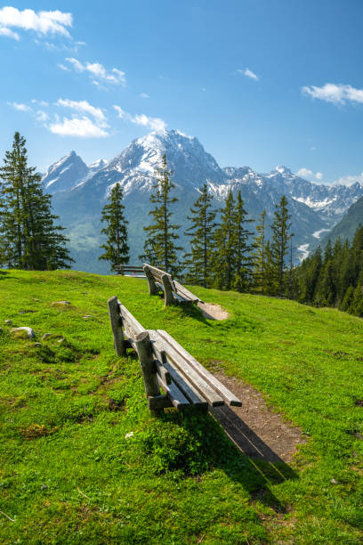 Nice seating area with a view of the Watzmann, Ramsau, Berchtesgaden, Bavaria, Germany