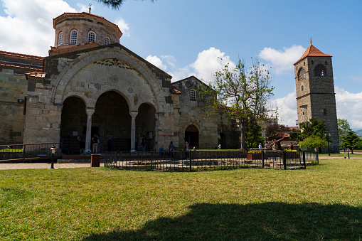 Trabzon, Turkey- July 16, 2021: Hagia Sophia, or officially Hagia Sophia Mosque, is a mosque, old church and museum located in Trabzon's Hagia Sophia District. The Byzantine structure, which was built as an Orthodox church in 1250, was opened to the worship of Muslims after 49 years with the time prayer on Friday, 28 June 2013.