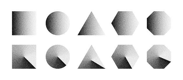 Black Noise Texture Dotted Various Figures Square Circle Triangle Hexagon Octagon Design Elements Vector Set. Different Variations Halftone Handdrawn Dotwork Shapes With Dust Grainy Texture Collection