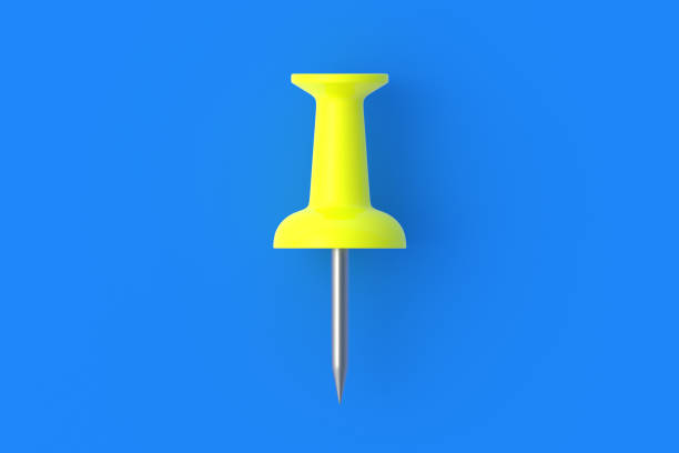 istock Yellow push pin on blue background. Stationery tools. Office equipment. School education. 3d render 1399777025
