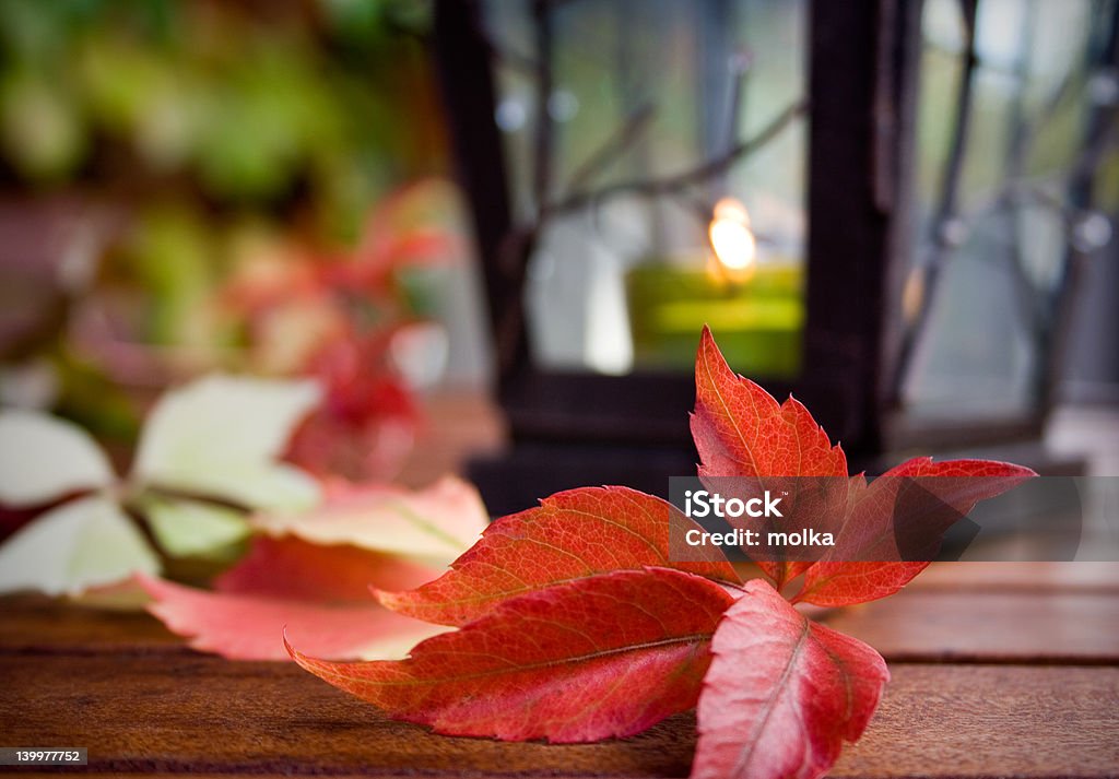 Autumn Lantern on the table with some autumn color leaves around Autumn Stock Photo