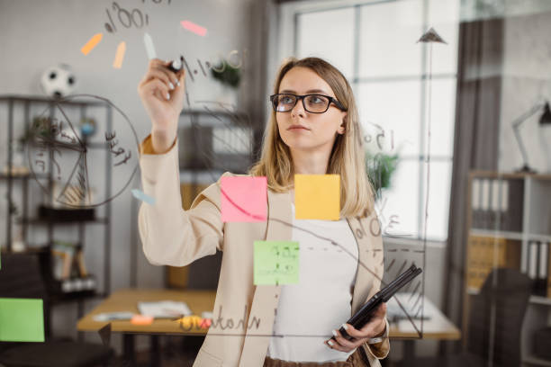 istock Female manager holding tablet and drawing on office board 1399777985