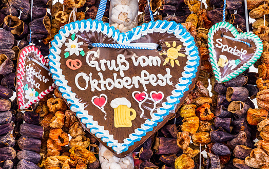 Munich, Germany - September 11: typical ginger bread hearts at a kiosk stand in munich on September 11, 2018