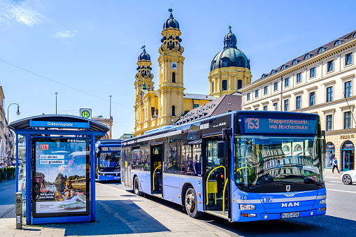Munich, Germany - May 19: typical bus at the old town of Munich on May 19, 2022