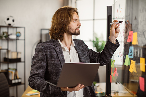 Side view of caucasian businessman in suit holding digital laptop in office meeting room. Serious bearded man thinking of creative ideas while using reminders from glass wall.