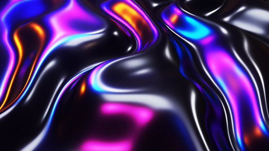 Abstract background, 3D black waves with neon glowing multicolored laser lights, technology modern 3D render illustration.