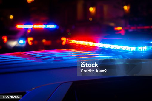 istock Red and blue police lights in city 1399782865