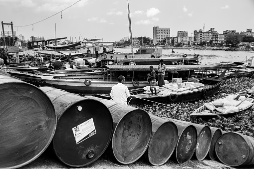 Daily lifestyle on the riverbank. This image was captured on May 22, 2022, from the Panghat, Burigongga riverbank,  Dhaka, Bangladesh, South Asia.
