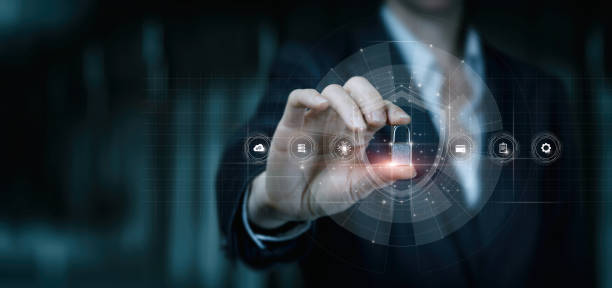 istock Businesswoman installs a protective . 1399786549