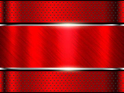 Red metal background, stainless steel metallic texture with brushed metal banner, vector illustration.