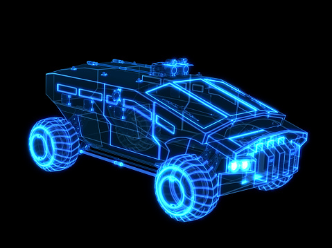 3d wireframe model of futuristic Armored truck or rover. Isolated on black
