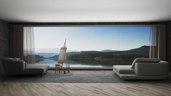 Beach living in the beautiful art workspaces of modern artists in the background view of the lake. -3d Rendering