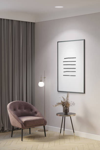 istock Cozy interior in pastel colors with an illuminated vertical poster on a light beige wall, flowers in a vase on a coffee table, a floor lamp, and an elegant pink chair with gray silk curtains. 1399791863